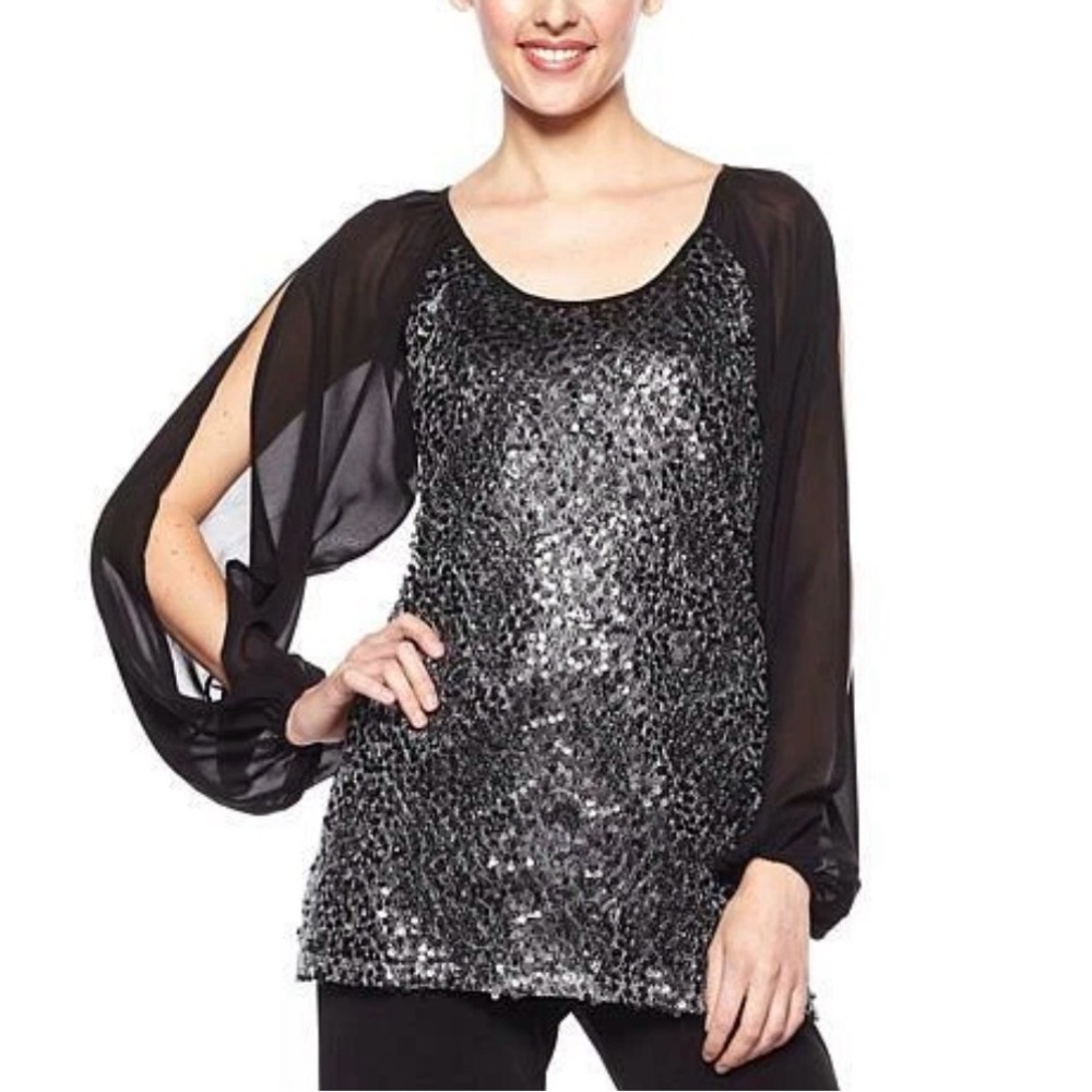 Badgley Mischka American Glamour Black Sequin Sparkle Tunic Top Womens Small NWT